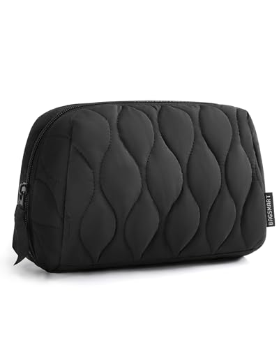 BAGSMART Makeup Bag, Travel Cosmetic Bag, Puffy Padded Make Up Bag for Women, Makeup Organizer Case, Wide-open Pouch Purse, Travel Essentials, Toiletries Accessories Brushes, Black - color: B-Black