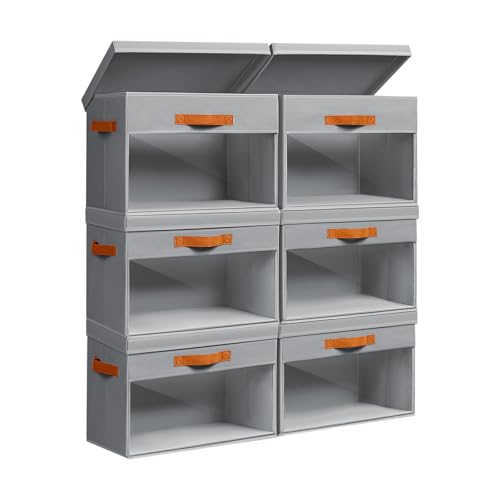 Homsorout Large Storage Bins with Lids - 6 Pack Foldable Decorative Organizers with Clear Windows & Handles, Cube Storage Organizers for Clothes, Blankets, Sweaters, Sheets, Grey - color: Grey, size: 13.7 Inch-6 Pack