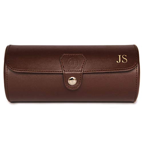 CASE ELEGANCE Travel Watch Case Roll Organizer for Men - 3 Watch Box & Vegan Faux Leather Watch Display Case - Mens Watch Holder, Storage & Travel Organizer - Brown - color: Monogrammed Brown