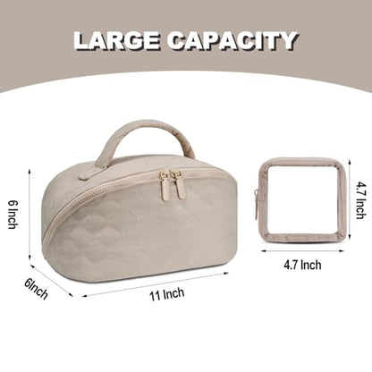 Makeup Bag,Quilted Puffer Cosmetic Bags,Travel Toiletry Bag for Women,Large Capacity Waterproof Make up Bag Set - color: Khaki, size: Large