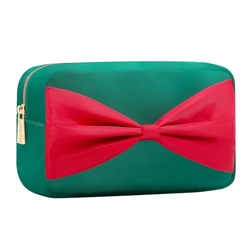 Small Nylon Toiletry Kit Bag for Travelling Women Fashion Cosmetic Pouch Cute Makeup Bag with Bow (M,Green-Bow) - color: Green-Bow, size: M