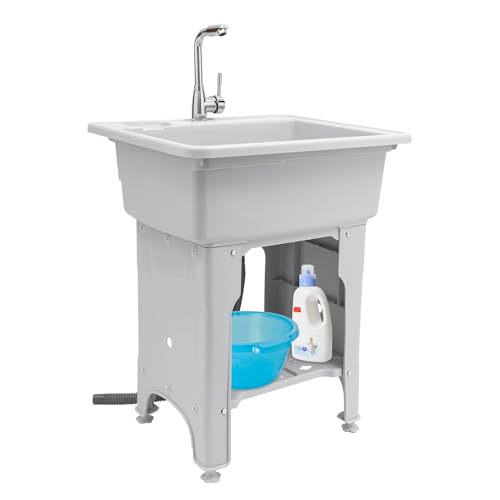 Utility Sink Laundry Tub with Washboard, Freestanding Plastic Laundry Sink with Cold & Hot Water Faucet, Indoor Outdoor Utility Sink for Laundry Room, Garage, Garden (25.6x21.65x31.5 Inch) - color: Gray, 25.6 x 21.7 x 31.5in