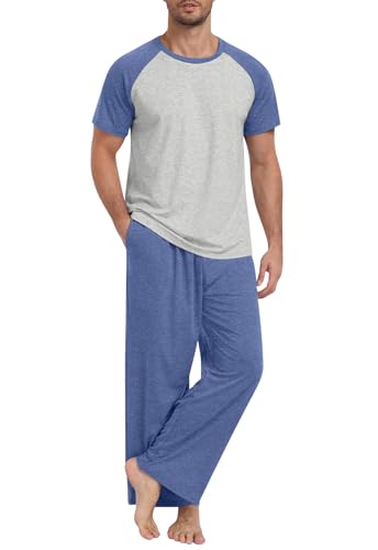 Yincro Mens Pajamas Set Lightweight Loungewear Short Sleeve Top and Pants Soft Sleepwear Pjs Sets - color: Navy Blue-light Gray, size: Small