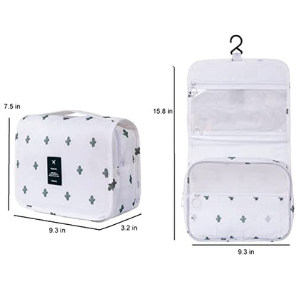Travel Toiletry Bag for Women, Hanging Toiletry Bag with Multi-Pockets, Toiletry Bag for Traveling Easy Clean, Travel Organizer Cactus Pattern - color: White