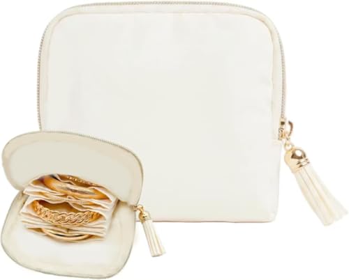 Mini Travel Jewelry Case, Small Jewelry Organizer, Jewelry Travel Case for Women, Portable Travel Jewelry Organizer Bag, Travel Jewelry Box – 5.3 × 5.1 inches (Ivory) - color: Ivory