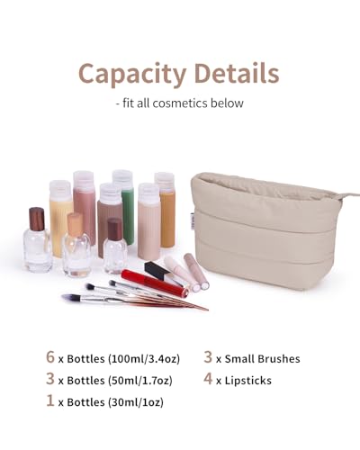 Narwey Travel Makeup Bag for Women Girl, Puffer Makeup Up Organizer Bag Cosmetic Bag, Puffy Cute Makeup Pouch Purse, Travel Toiletry Bag (Khaki) - color: Khaki