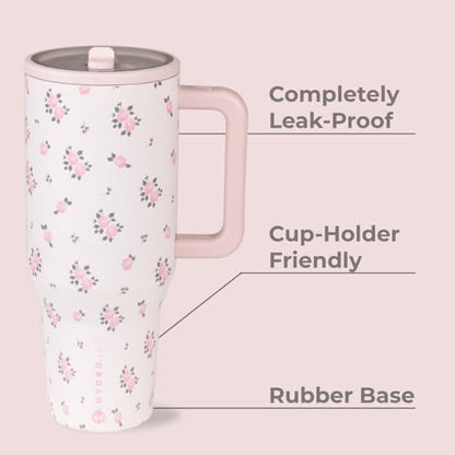 HydroJug Traveler - 32 oz Water Bottle with Handle & Flip Straw - Fits in Cup Holder, Leak Resistant Tumbler-Reusable Insulated Stainless Steel & Rubber Base - Gifts for Women & Men, Wildrose - color: Wildrose, size: 32oz