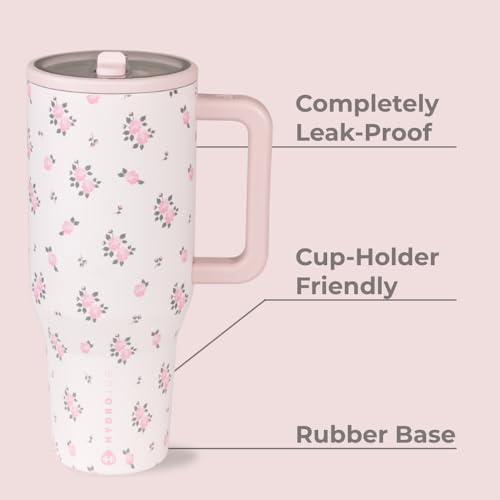HydroJug Traveler - 40 oz Water Bottle with Handle & Flip Straw - Fits in Cup Holder, Leak Resistant Tumbler-Reusable Insulated Stainless Steel & Rubber Base - Gifts for Women & Men, Wildrose - color: Wildrose, size: 40oz