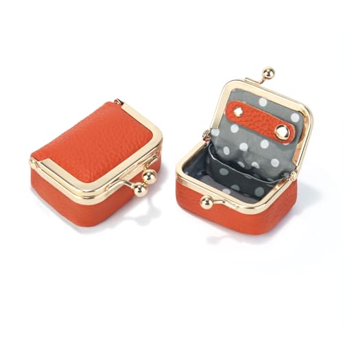 Genuine Leather Mini Jewelry Box Coin Purse for Women,Solid Color Kiss Lock Jewelry Case Organizer,Mini Travel Ring Box - color: Orange