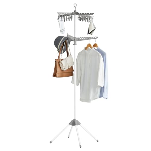 SONGMICS 2-Tier Clothes Drying Rack, 72-Inch Folding Laundry Drying Rack with 3 Rotatable Arms for Hangers, 24 Clips, Stainless Steel, for 27 Pieces of Clothes, Gray and White ULLR512G01 - color: Gray + White, style: 2-Tier-Clip