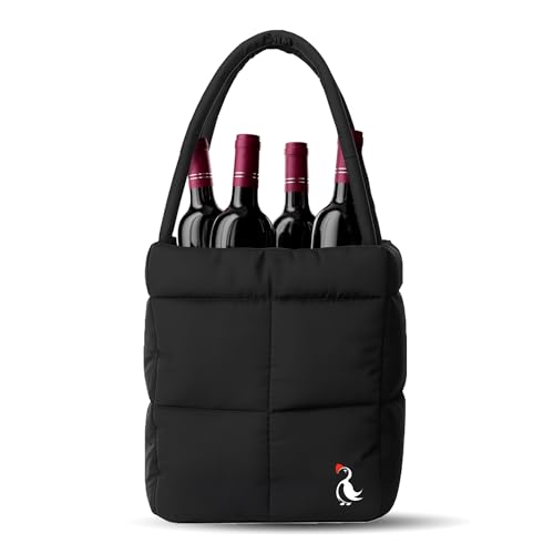 PUFT Puffer Wine Tote Bag – Insulated Wine Bottle Carrier for Bottles – Trendy Quilted Wine Bag - color: 4 Bottles Black