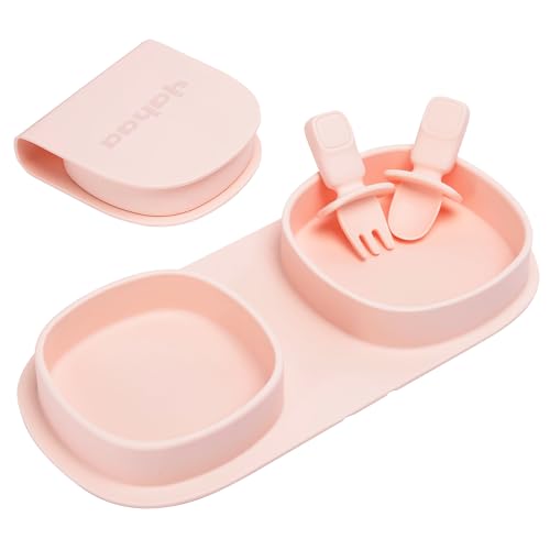 Silicone Foldable Novelty Dinner Plates, Baby Plates Travel Essential with Forks and Spoons, Microwave & Dishwasher Safe, Blush - color: Pink, style: No-Suction