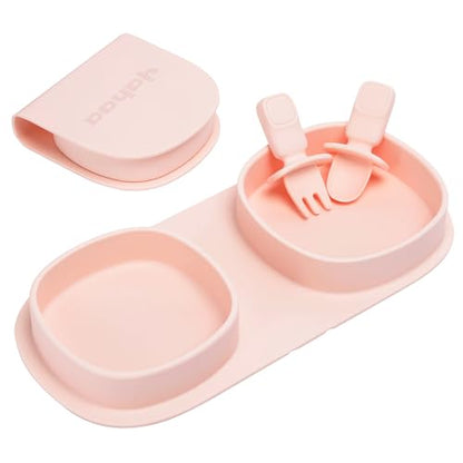 Silicone Foldable Novelty Dinner Plates, Baby Plates Travel Essential with Forks and Spoons, Microwave & Dishwasher Safe, Blush - color: Pink, style: No-Suction