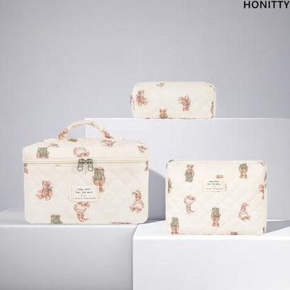 honitty Makeup Bag,Quilted Cosmetic Bag,Large Floral Make Up Bag for Women,Cotton Makeup Bag Set,Flower Travel Toiletry Bag - color: Bear