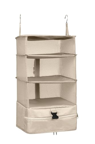 ELEZAY Hanging Packing Cubes Portable Travel Closet Collapsible Compression Clothes Organizer with Built in Shelves for Carry-on Luggage Suitcase Wardrobe Large_11.8 * 11.8 * 24 in, Beige - color: Beige, size: Large