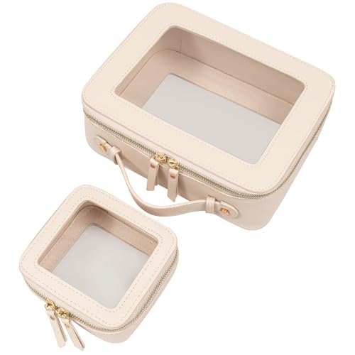 LETGO 2Pack Leather Clear Makeup Bags with Zipper Toiletry Bags for Car Essentials PVC Transparent Storage Pouch Travel Portable Lipstick Bag Organizer for Women (Mini+Large Beige) - color: Beige, style: Mini&large