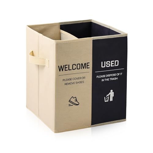 Foldable Shoe Cover Box Dispenser Storage Box Storage Bin Holder with Used Shoe Covers and Welcome Please or Remove Sign for Open House Supplies (Beige, Blue) - color: Beige, Blue