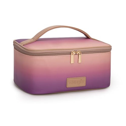 Montana West X Wrangler Travel Makeup Bag 2pcs Set Large Cosmetic Bag with Makeup Brush Holder Portable Make Up Organizer Cute Toiletry Bag with Divider and Handle for Women Gradient - color: Purple