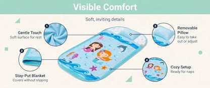EVERYDAY KIDS Cute Preschooler and Toddler Cot Nap Mat for Home, Daycare, Preschool and Kindergarten; Easy to Roll Sleeping Mat with Elastic Straps, Pillow and Blanket - color: Mermaid Cot Nap Mat