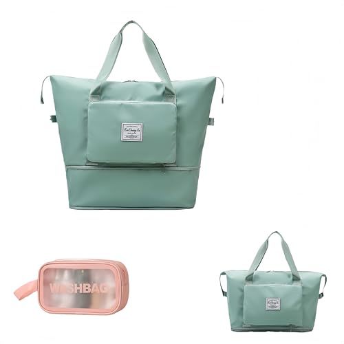 Large Capacity Foldable Travel Bag, Expandable lightweight Carry on Bag, Dry with Wet Separation Spor Duffel Bags (Light Green+Toiletry Bag) - color: Light Green+Toiletry Bag