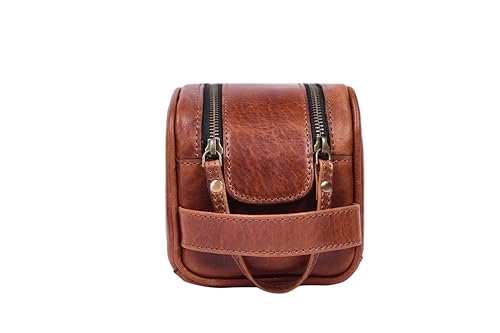 Leather Toiletry Bag for Men | Grooming Travel Kit | With Waterproof Lining | By Aaron Leather Goods - color: Jade Brown