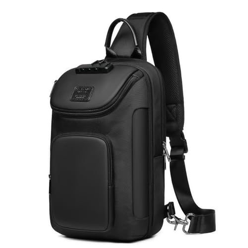reeyee Anti-Theft Sling Bag with Lock, Waterproof Crossbody Backpack Fits 11 inch Tablet, Men's Shoulder Chest Bag - color: Black