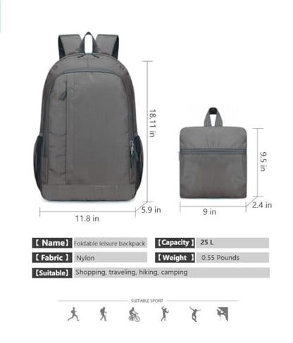 Ultra Lightweight Packable Hiking Backpack Small Foldable Travel Hiking Camping Daypack Casual Outdoor Day Bag for Men Women 25L - color: Gray