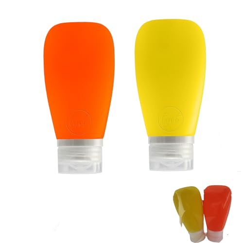 Travel Bottles for Toiletries, TSA Approved 3 oz Leak Proof Silicone Refillable Squeeze Travel Size Containers BPA Free for Cleansers, Lotions, Shampoo for Airplane 2pk (Orange,Yellow) - color: Orange-Yellow