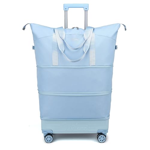 Expandable Rolling Travel Bag with Removable Wheels & Handle, Large Capacity Wheeled Duffle Tote, Foldable Carry On Luggage for Women, Lightweight Weekender Overnight Bag (LightBlue) - color: LightBlue