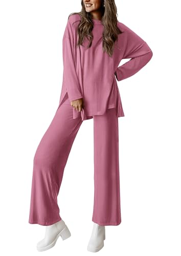 PRETTYGARDEN Women's Two Piece Lounge Sets Matching Long Sleeve Shirts Wide Leg Pants Tracksuits Travel Outfits Fall Clothes - color: Pink, size: Small