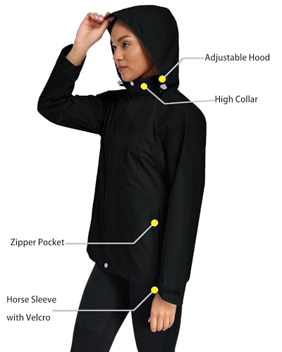 Hount Womens Waterproof Raincoat Lightweight Packable Striped Lined Rain Jacket Casual Travel Outdoor Hooded Jakctes - color: Black, size: XX-Large