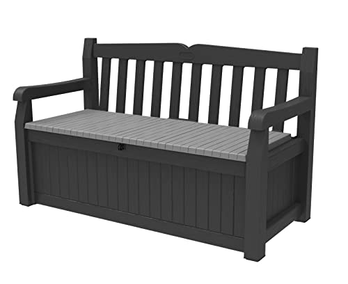 Keter Solana 70 Gallon Storage Bench Deck Box for Patio Furniture, Front Porch Decor and Outdoor Seating – Perfect to Store Garden Tools and Pool Floats, Graphite - color: Graphite