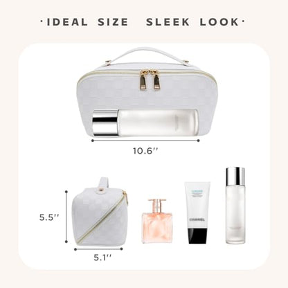 Travel Makeup Bag – Large Cosmetic Organizer with Waterproof PU Leather, Smooth Double Zipper & Tear-Resistant Lining, Toiletry Pouch for Women (White) - color: 02-White
