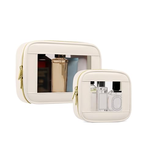 2-Piece Leather Clear Makeup Bags Set - Waterproof Clear Cosmetic Bag Case with Zipper, Transparent TSA Approved Toiletry Bag for Travel, Car Accessories for Women (Beige-2, Mini+Medium) - color: Beige-2, size: Mini+Medium