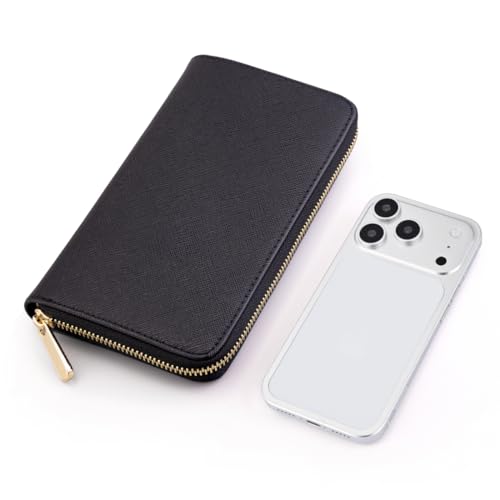 Luxury Real Leather Zip Around Travel Wallet | Large Capicity Card Holder Organizer | Classic Phone Clutch for Men Women (Black - Saffiano Leather) - color: Black - Saffiano Leather