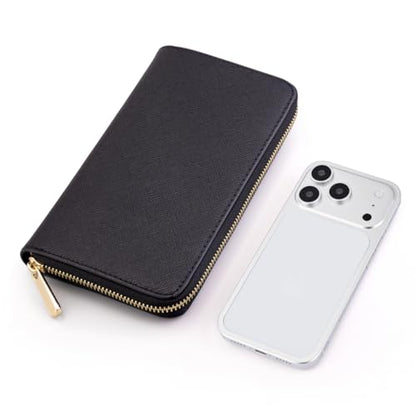 Luxury Real Leather Zip Around Travel Wallet | Large Capicity Card Holder Organizer | Classic Phone Clutch for Men Women (Black - Saffiano Leather) - color: Black - Saffiano Leather