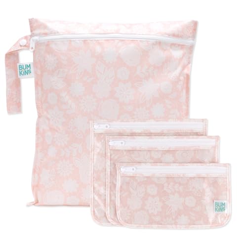 Bumkins Wet Bag and 3-Pack Clear-Sided Travel Pouches, Waterproof Organizer for Toiletries, Gym Clothes, Swim Gear, Shoes, Accessories, TSA Compliant Packing Set - Pink Lace - 4 Pack - color: B1 Pink Lace-4