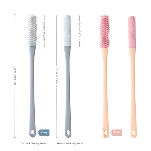 Toe Cleaning Brush with 15.7" Long Handle,Foot Scrubber in Shower,No Bending, Ideal for Seniors, Expecting Mothers, Men & Women | Foot Scrubber & Anti-Itch Exfoliating Brush (2 Pack) (Grey) - color: Grey