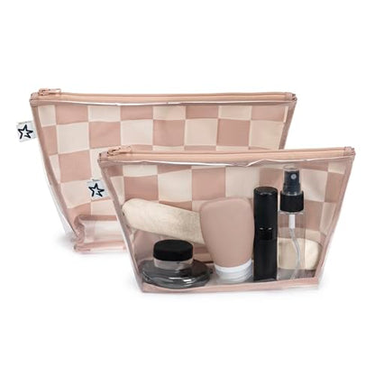 Tiny Twinkle Diaper Bag Organizing Pouches | 2 Pack Mess-Proof Travel Organizer Bags with Structured Bottom & Clear Front | TSA Approved Toiletry Bag Set for Baby and Mom Essentials (Beige Checkers) - color: Beige Checkers