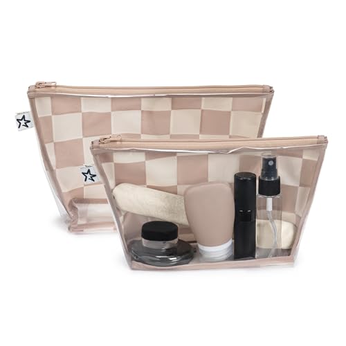 Tiny Twinkle Diaper Bag Organizing Pouches | 2 Pack Mess-Proof Travel Organizer Bags with Structured Bottom & Clear Front | TSA Approved Toiletry Bag Set for Baby and Mom Essentials (Beige Checkers) - color: Beige Checkers