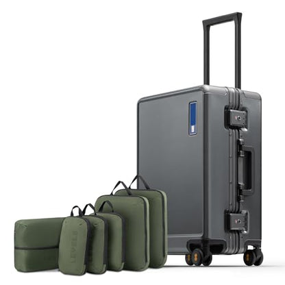 LEVEL8 Zipperless Carry On Luggage Airline Approved with Aluminum Frame, Hard Shell Suitcase with Spinner Wheels, Metal Checked Luggage, 20 Inch, Grey - color: Grey, size: Carry-On 20 Inch (With 6PC Organizers)