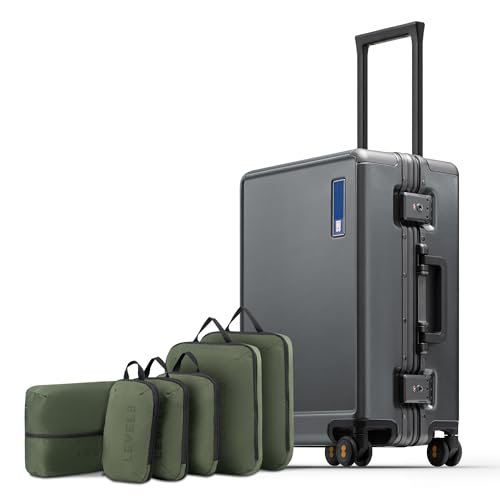 LEVEL8 Zipperless Carry On Luggage Airline Approved with Aluminum Frame, Hard Shell Suitcase with Spinner Wheels, Metal Checked Luggage, 20 Inch, Grey - color: Grey, size: Carry-On 20 Inch (With 6PC Organizers)