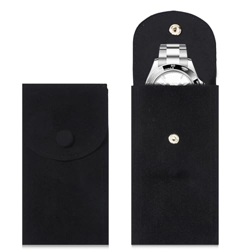 2 Pcs Velvet Watch Pouch Portable Flannelette Watch Storage Bag Single Travel Pouch for Men and Women Storage Bag Luxury Gift Bags with Snap Button for Jewelry Organizer (Black) - color: black