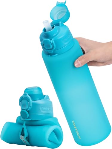 TakeToday Collapsible Water Bottles 32oz, Foldable Travel Bottle, TSA-Approved Leakproof Newly Silicone Water Bottle for Hiking, Travel, Outdoors, Blue - color: Blue