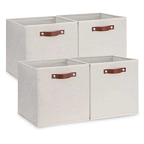 Temary Fabric Storage Cubes Storage Bins with Dual Leather Handles, 4 Pack Cube Baskets 13x13 Foldable Cube Organizers for Shelves, Home, Office, Nursery - color: Beige, size: 13×13×13