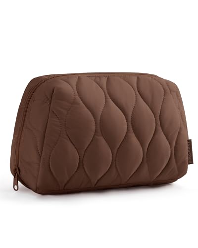 BAGSMART Makeup Bag, Travel Cosmetic Bag, Puffy Padded Make Up Bag for Women, Makeup Organizer Case, Wide-open Pouch Purse, Travel Essentials, Toiletries Accessories Brushes (Coffee Brown) - color: Coffee Brown