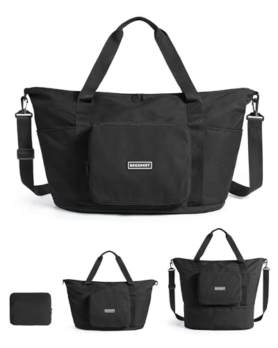 BAGSMART Foldable Travel Bag, 37L Expendable Personal Item Bag, Lightweight Travel Essentials for Women, Water Resistant Extra Carry on Bag, Black - color: Black