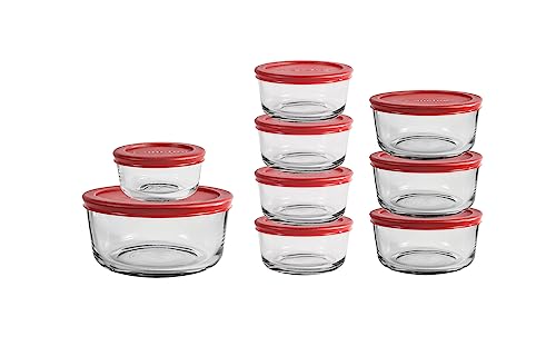 Anchor Hocking 18 Piece Glass Storage Containers with Lids (9 Glass Food Storage Containers & 9 Red SnugFit Lids) - color: Red, size: 18 Piece Set