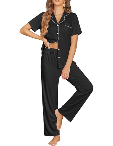 Ekouaer Womens Pajama Sets Button Down Pjs Lounge Sets 2 Piece Short Sleeve Sleepwear Soft Comfy Loungewear - color: Black, size: Small