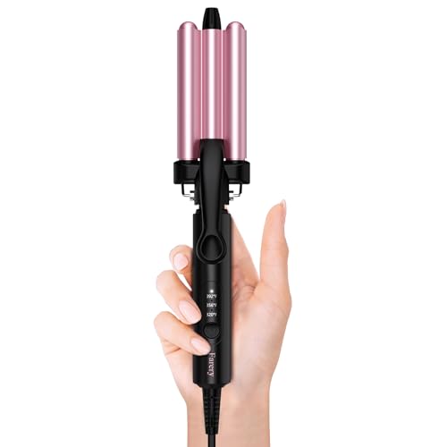 Farery Mini 3 Barrel Hair Waver, Pink | Portable Beach Wave Curling Iron, 1/2 Inch Ceramic Crimper, 3 Temp Settings & 30s Fast Heating, Dual Voltage Travel - style: Digital temp(Rose pink)